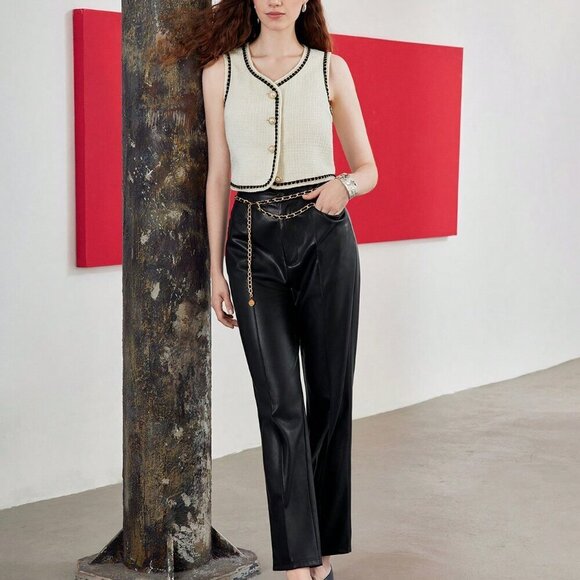 Beige Elegant Women's Tweed Summer Contrast Piping Vest Jacket - Picture 8 of 8